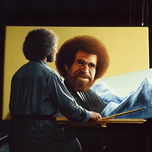 Image similar to a closeup photorealistic photograph of bob ross working on a canvas painting of darth vader. film still. brightly lit scene. mountains and trees. this 4 k hd image is trending on artstation, featured on behance, well - rendered, extra crisp, features intricate detail, epic composition and the style of unreal engine.