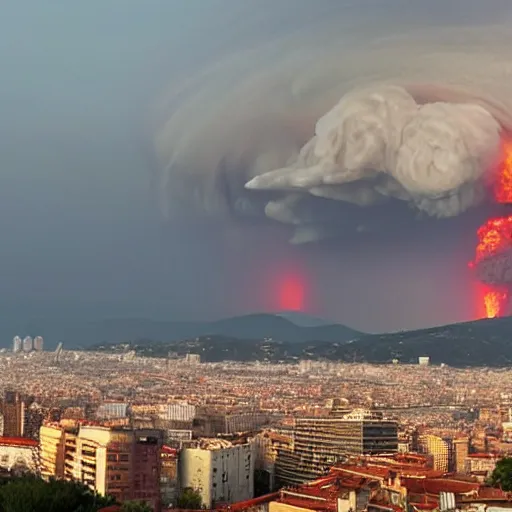 Prompt: nuke explosion in the skyline from barcelona seen from vallvidrera