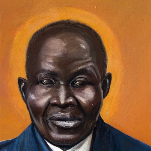 Image similar to a painting of a fatherly, aquiline nose, wide forehead, round face, XXL , loving, caring, generous, ever-present, humble, wise elder from Kenya with a friendly expression in a suit by Lynette Yiadom-Boakye . Fatherly/daddy, focused, loving, leader, relaxed,. ethereal lights, details, smooth, sharp focus, illustration, realistic, cinematic, artstation, award winning, rgb , unreal engine, octane render, cinematic light, macro, depth of field, blur, red light and clouds from the back, highly detailed epic cinematic concept art CG render made in Maya, Blender and Photoshop, octane render, excellent composition, dynamic dramatic cinematic lighting, aesthetic, very inspirational, arthouse.