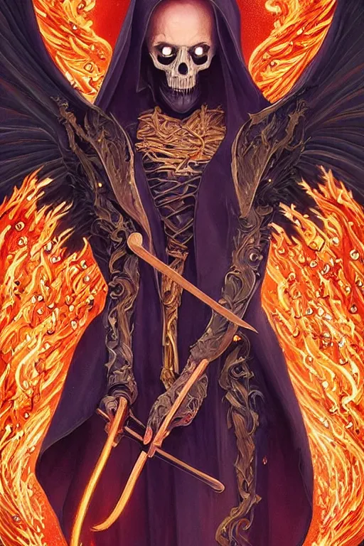 Prompt: beautiful painting of grim reaper with a cloak of fireflies and flameches, flames intricate scythe blade, flames intricate stainglass background, elegant, thin intricate art nouveau frame, highly detailed, oil painting, artstation, concept art, matte, sharp focus, art by Artgerm and Greg Rutkowski and wlop