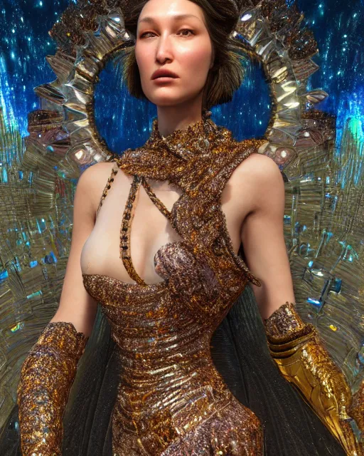 Image similar to a highly detailed metahuman 4 k close up render of a bella hadid as milky way monument renaissance in iris van herpen dress schiaparelli in diamonds crystals swarovski and jewelry iridescent in style of alphonse mucha gustav klimt trending on artstation made in unreal engine 4