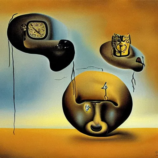Prompt: the persistence of time painting by salvador dali, with melting cats instead of clocks
