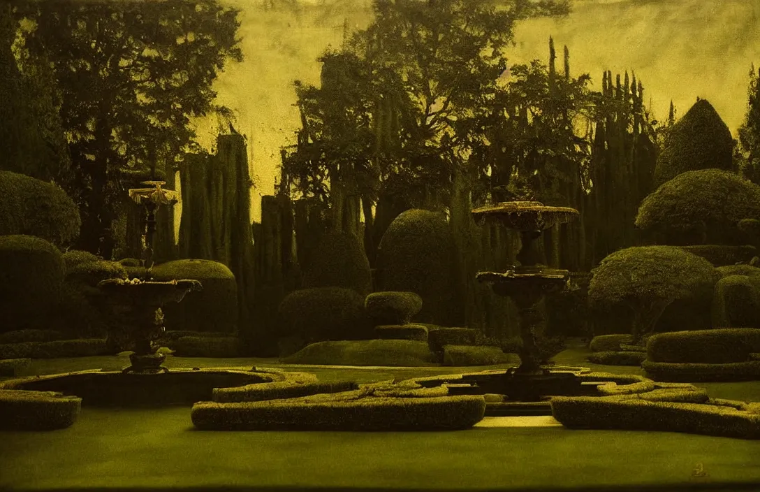 Prompt: virtuoso painting royal garden design by andre le notre intact flawless ambrotype from 4 k criterion collection remastered cinematography gory horror film, ominous lighting, evil theme wow photo realistic postprocessing divisionism painting by claude gellee