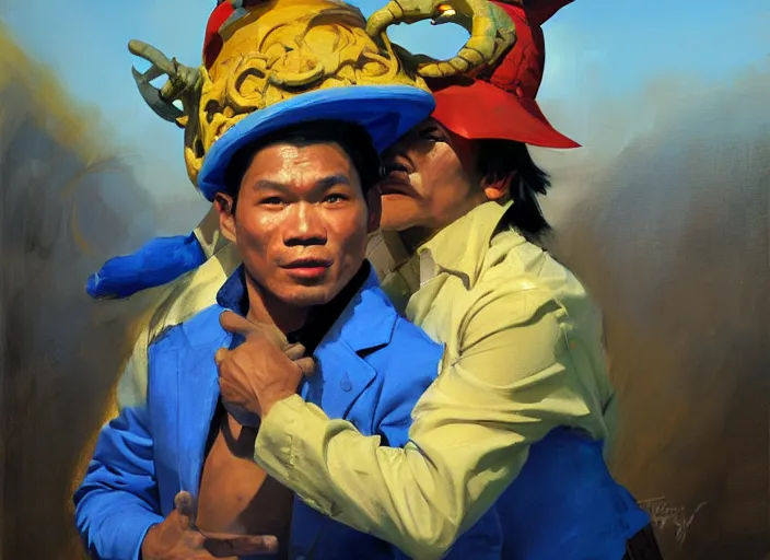 Image similar to greg manchess portrait of a filipino fighter wearing a jester hat victorious holding a man in a blue suit over his head, organic painting, sunny day, matte painting, bold shapes, hard edges, street art, trending on artstation, by huang guangjian, gil elvgren, ruan jia, randy vargas, greg rutkowski