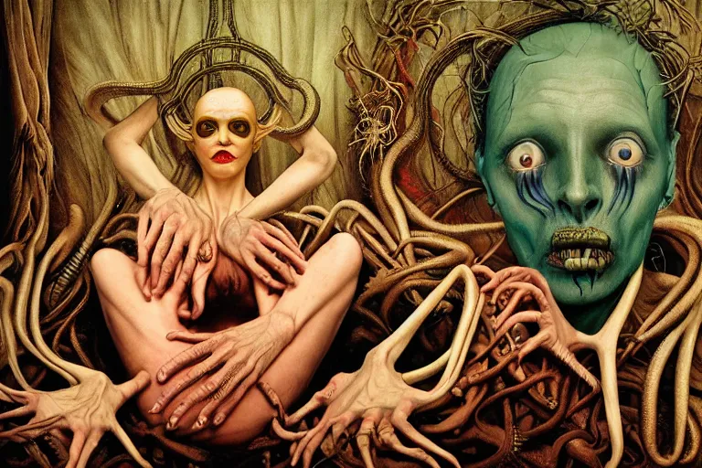 Prompt: 35mm color, identity, portrait, fashion shoot, freak show, weird, random, strange, hyperdetailed, photorealistic, high fashion, interesting, child birth suite, by David la chapelle h r giger and and karol bak and david cronenberg and WETA digital, art by Zdzisław Beksiński, Ivan Bilibin, Dariusz Zawadzki , ID magazine, octane rendering, cinematic, hyperrealism, octane rendering, 8k, depth of field, bokeh.