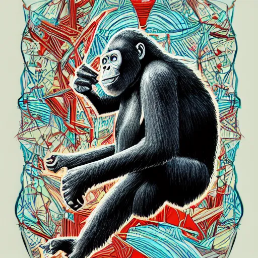 Prompt: an ape holding a sign that says the end is near, an ultrafine detailed illustration by james jean, intricate linework, bright colors, final fantasy, behance contest winner, vanitas, angular, altermodern, unreal engine 5 highly rendered, global illumination, radiant light, detailed and intricate environment
