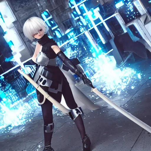 Image similar to 2B from Nier Automata as a cyber punk android fighting A2 as a Viking warrior princess that was frozen in time