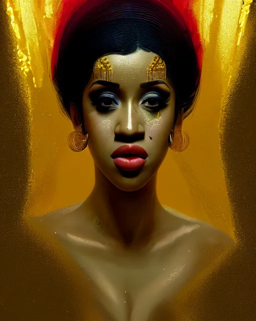 Image similar to Cardi B bathing in a gold tub, futuristic neon, decorated with traditional Japanese ornaments by Ismail inceoglu dragan bibin hans thoma greg rutkowski Alexandros Pyromallis Nekro Rene Maritte Illustrated, Perfect face, fine details, realistic shaded, fine-face, pretty face