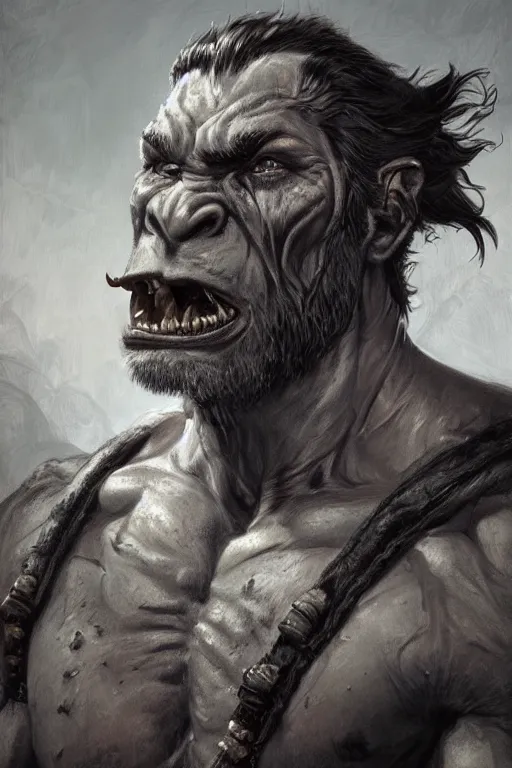 Image similar to portrait of a young ruggedly handsome hulking herculean orc bugbear demon pirate, male, masculine, upper body, night black hair, fantasy, frown, war face paint, intricate, elegant, highly detailed, digital painting, artstation, concept art, matte, sharp focus, illustration, art by artgerm and greg rutkowski and alphonse mucha