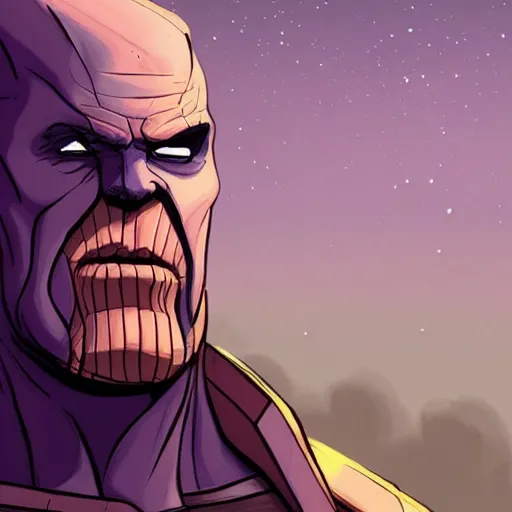 Prompt: portrait of thanos in a hoodie, at night, in a dark alleyway. Batman is in the background