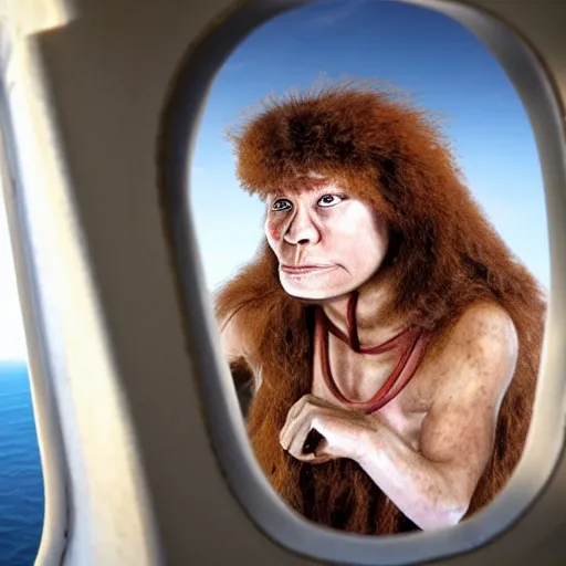 Image similar to photo of neanderthal cavewoman sitting in an airplane