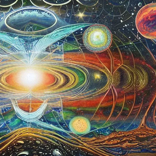 Prompt: intricate masterpiece painting of post-singularity, cosmic enlightenment, integrated societies