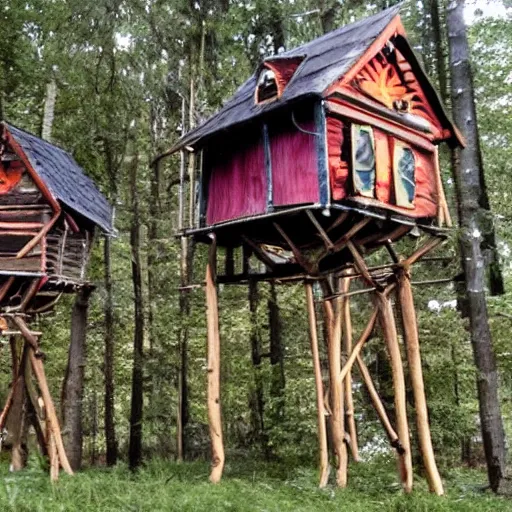 Prompt: Sentient baba yaga huts walking around on stilts. Stilts are shaped like chicken legs.