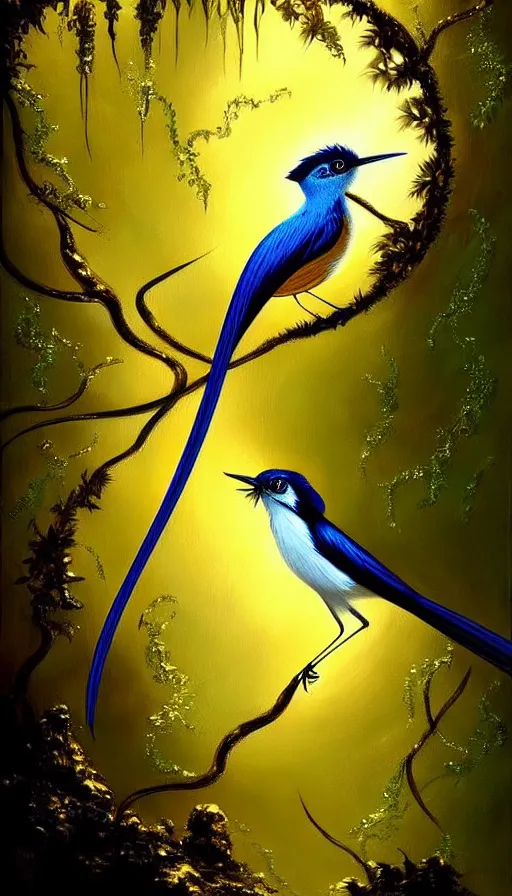 Image similar to paradise flycatcher, lush forest, gold, gems, dramatic lighting, waterfall, denoised, gothic architecture, baroque, painted by the best artists of artstation, best art in the world