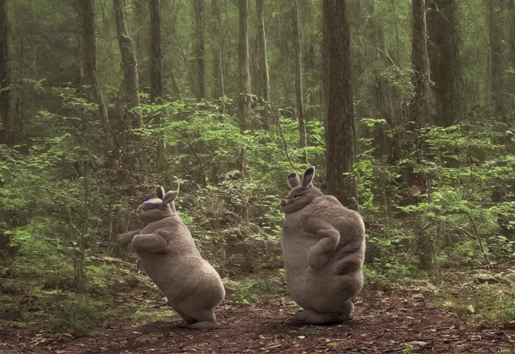 Image similar to a photo of big chungus sighting in a forest, a still from security footage, high definition