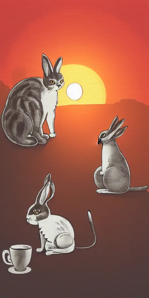 Image similar to a cat and a rabbit sit and drink coffee in the sunset