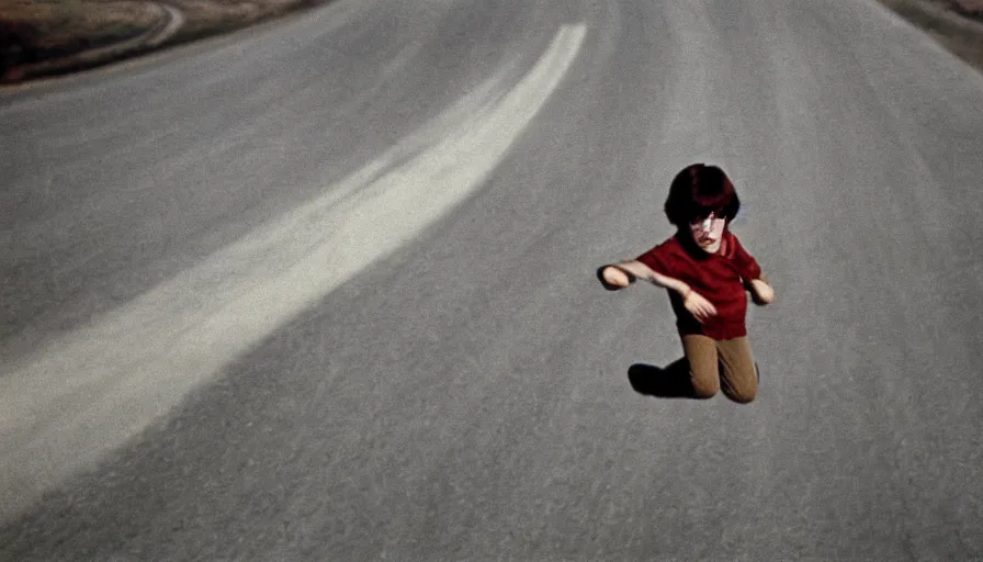 Image similar to 7 0 s film still from a horror movie about a boy flying above the interstate highway, kodachrome, cinecolor, cinestill, film grain, film texture, retro, cinematic, high resolution, photorealism,