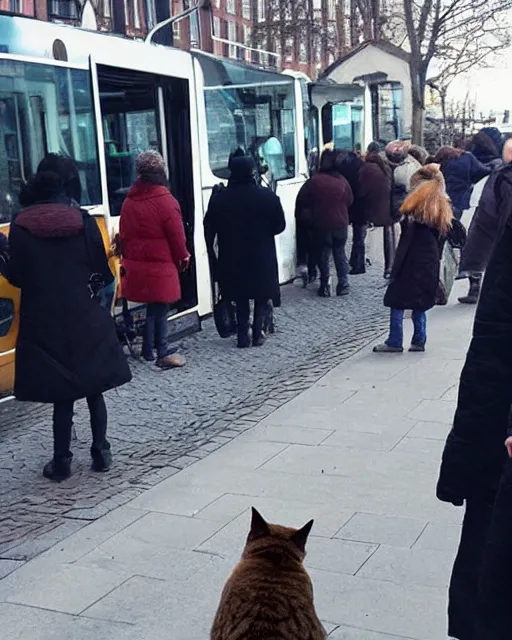 Image similar to cat standing up, cat standing on its hind legs, in line with people at a bus stop in winter copenhagen, as seen on reddit, photograph