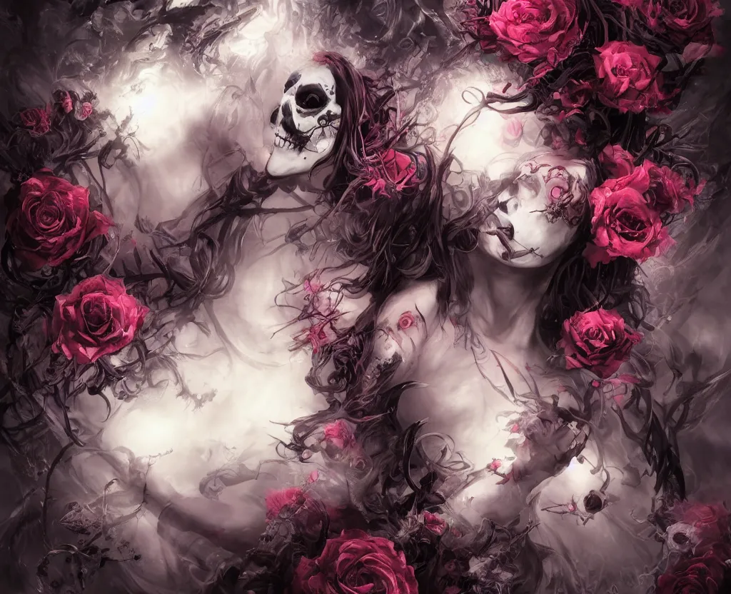 Image similar to a chaotic goddess of death skull black rose s day of the dead atmospheric, dramatic, concept art by a professional manga illustrator, Stanley Artgerm Lau, WLOP, Rossdraws, James Jean, Andrei Riabovitchev, Marc Simonetti, and Sakimichan hyperrealist, cinema4D, 8k highly detailed ❤️‍🔥 🔥 💀 🤖 🚀