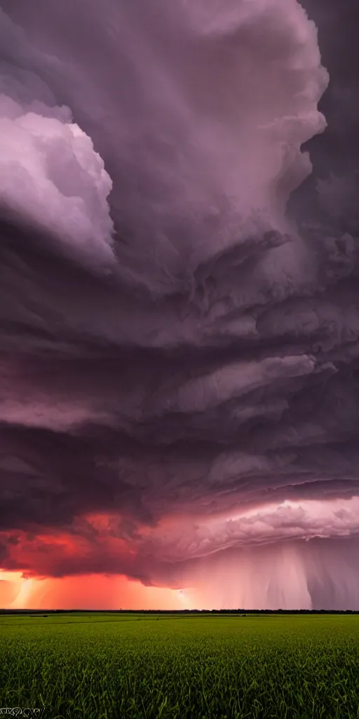 Prompt: a supercell storm dark and brooding far away in the distance, open farming fields the foreground during sunset, by stephen king, storm of all storms, end of the world, nature, cinematic, hyperrealistic, evil, dark, cgsociety, 8 k