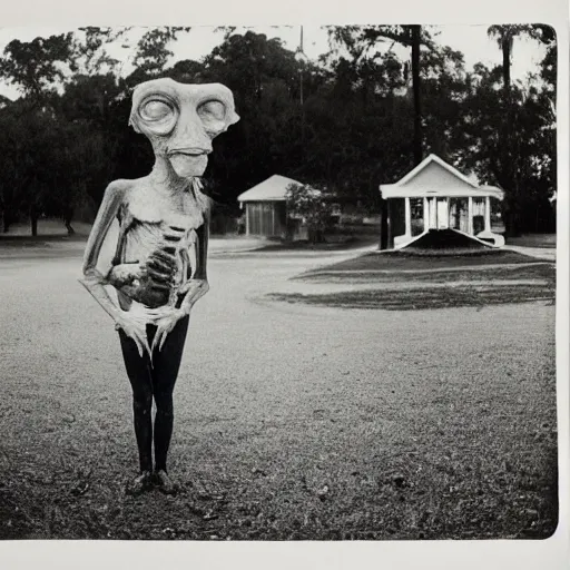 Image similar to shot of a complex cronenbergian disgusting and montruous creature in louisiana, southern gothic, photograph by diane arbus, bayou