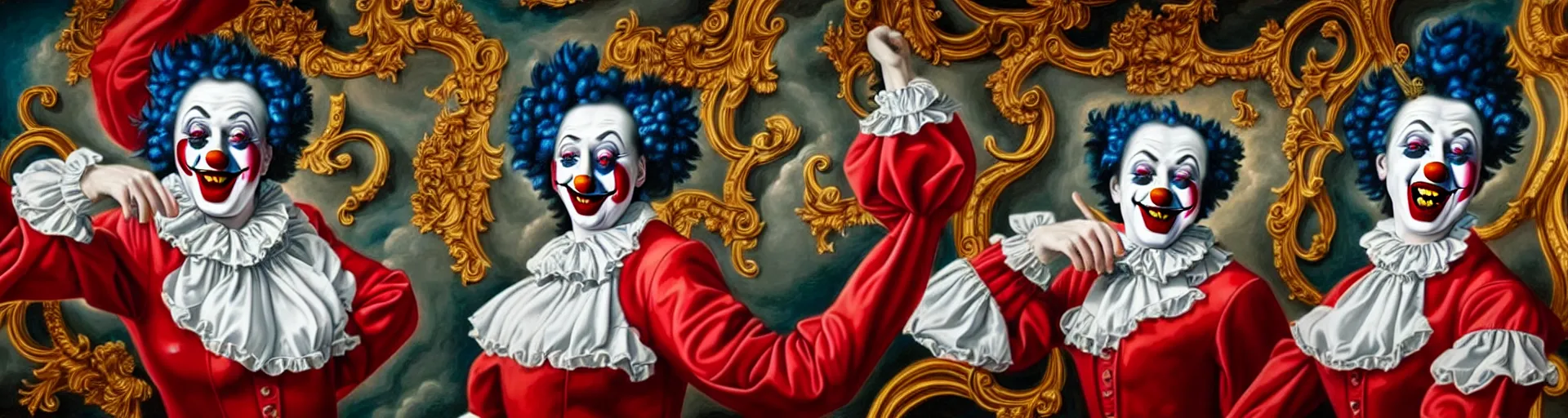 Image similar to a clownish, triumphant, and ultradetailed mural, depicting a hundred unique framed hyperrealist rococo vampire portraits