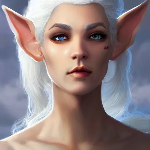 Image similar to portrait of a female half - elf with white skin, white hair, white eyes without pupils, short wavy hair, eyebrow scar, trending on artstation, ethereal, gentle smile, friendly, glowing, angled