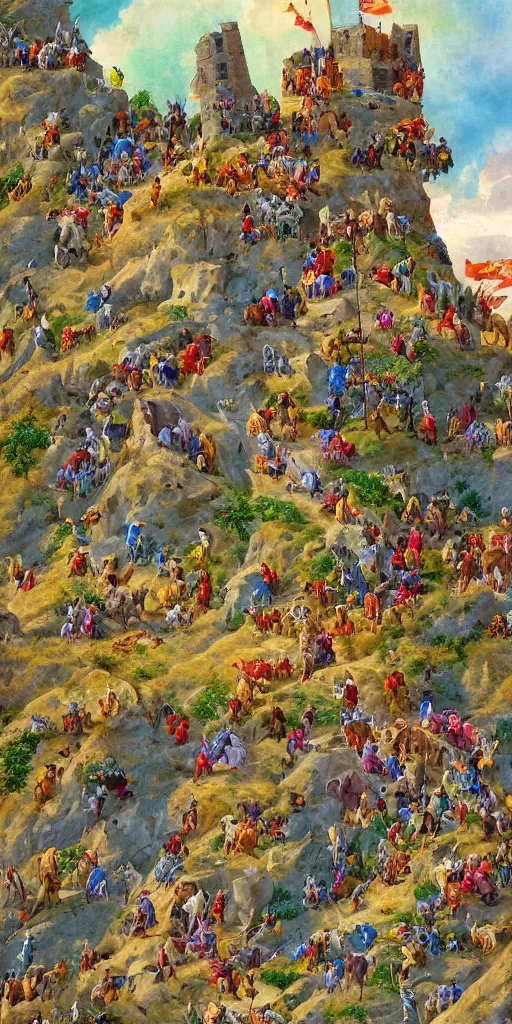 Image similar to a herd of goats climbing a citadel!, colorful, beautiful, highly detailed