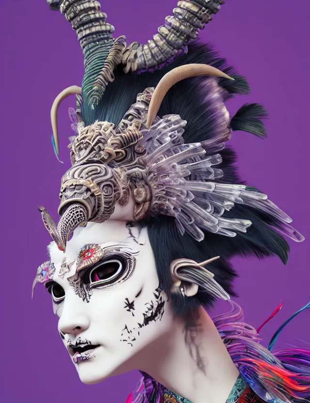 Image similar to 3 d goddess close - up profile portrait punk with mohawk with ram skull. beautiful intricately detailed japanese crow kitsune mask and clasical japanese kimono. betta fish, jellyfish phoenix, bio luminescent, plasma, ice, water, wind, creature, artwork by tooth wu and wlop and beeple and greg rutkowski