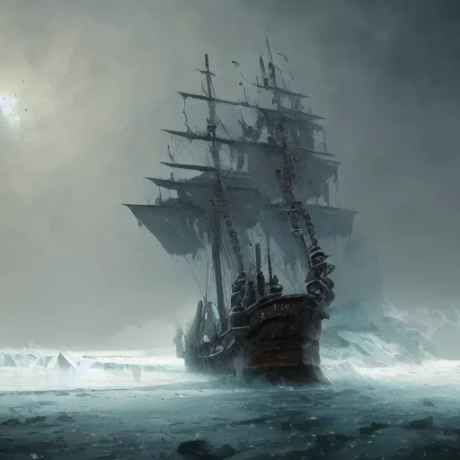 Image similar to pirate ship in hell, cold, icey white lightning, frozen monstrocity in the background, hyperdetailed, artstation, cgsociety, by greg rutkowski, by Gustave Dore