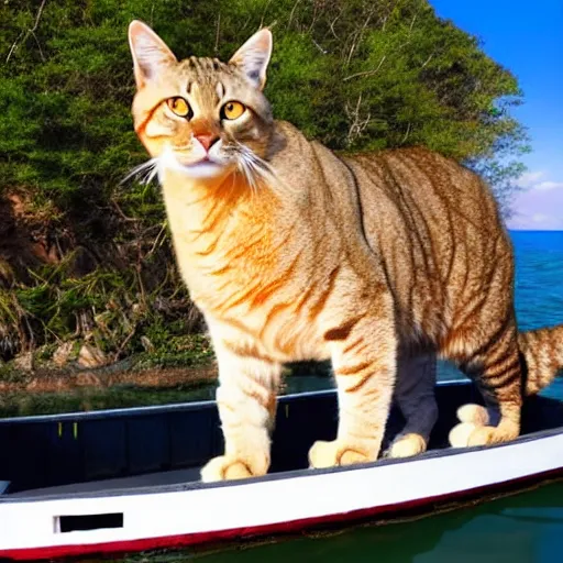 Prompt: A large cat on a small boat, cinematic, Funny, lots of detail, large island in the background out of focus,