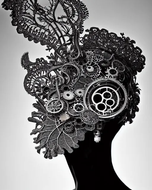 Image similar to surreal black and white photo portrait of complex bio-mechanical beautiful young female vegetal-cyborg with a Mandelbrot fractal steampunk metal fine lace face, a very long neck and a fine metal floral foliage super big lace collar by Alexander McQueen:: smoke, high fashion, haute couture, rococo, steampunk, silver filigree details, anatomical, facial muscles, cable wires, microchip, elegant, dreamy, foggy atmosphere, hyper realistic, 150 mm lens, soft rim light, octane render, unreal engine, picture was taken in 1910 by Man Ray, volumetric lighting, dramatic light,8k,