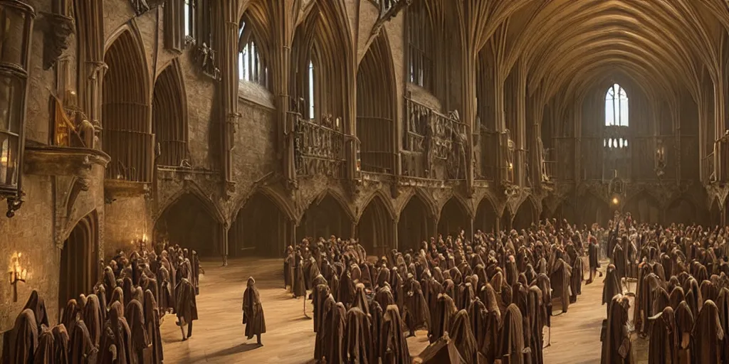 Prompt: film still. screenshot. hogwarts castle. the great hall. busy. early morning. directed by denis villeneuve. extremely detailed. 4 k.