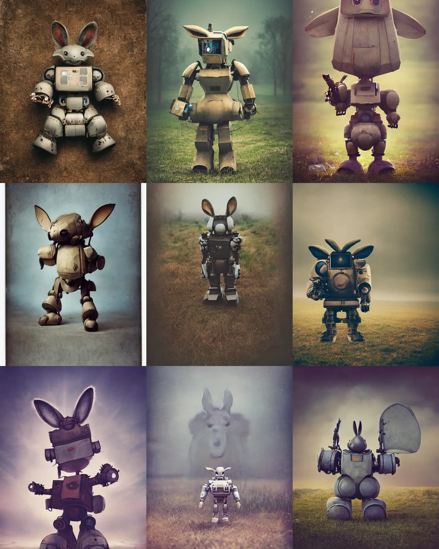 Prompt: epic battle pose !!!giant oversized battle rabbit robot chubby mech baby with big ears , on a village, full body , Cinematic focus, Polaroid photo, vintage , neutral dull colors, soft lights, foggy , by oleg oprisco