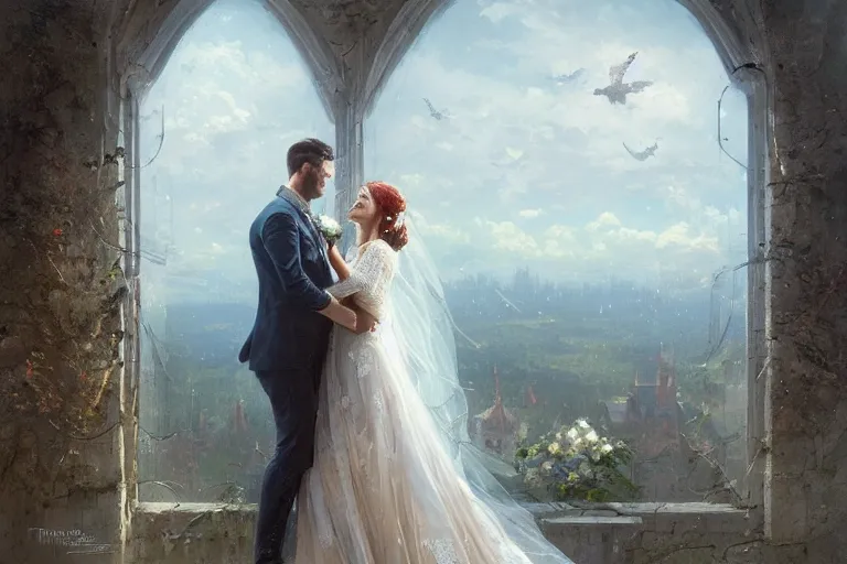 Prompt: a beautiful picture of a bride and a groom, old window, sky, by greg rutkowski and thomas kinkade, trending on artstation