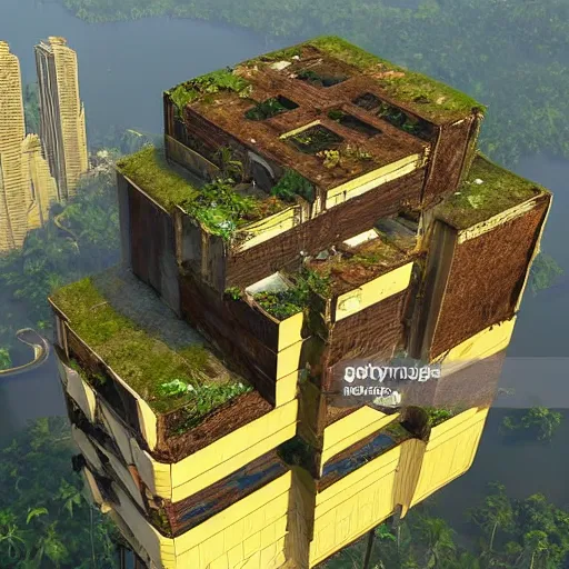 Prompt: crumbling skyscrapers on a floating island in the sky, jungle ruins, energy signature
