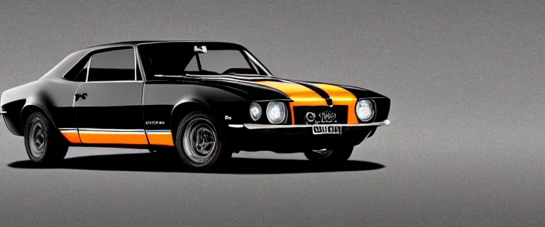 Image similar to black audi camaro b 1 ( 1 9 6 7 ) with flames livery, retro poster, establishing shot