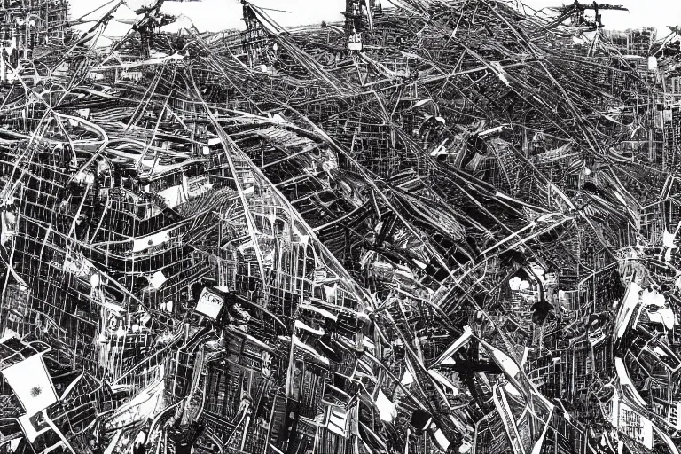 Image similar to vast technological world, gigantic megastructure, haphazard architecture, largely devoid of life, by Tsutomu Nihei