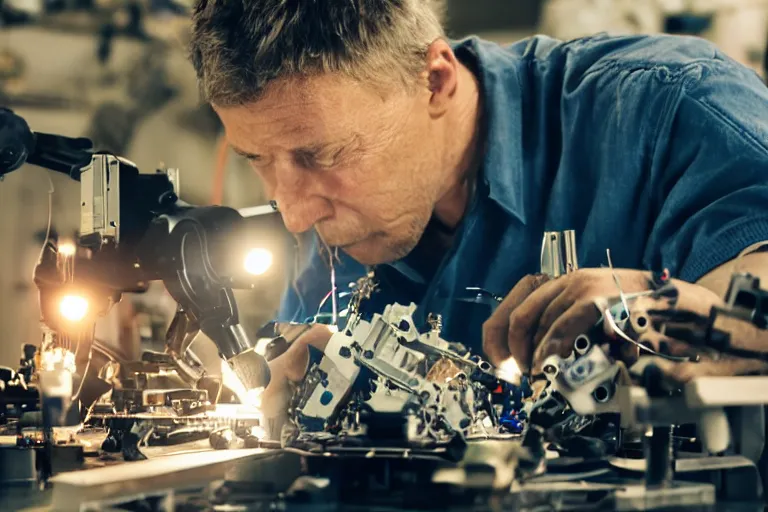 Image similar to cinematography closeup portrait of a Man soldering repairing robot parts in his garage by Michael Bay