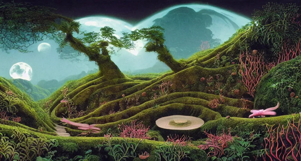 Image similar to axolotl, huge woodlouse, bones of dead animals, solovetsky labyrinths, a landscape on the moon with craters, a lot of exotic vegetations, trees, tea terraces, a beautiful flowering garden, intricate detaild, pale colors, 8 k, in the style of martin johnson heade and roger dean