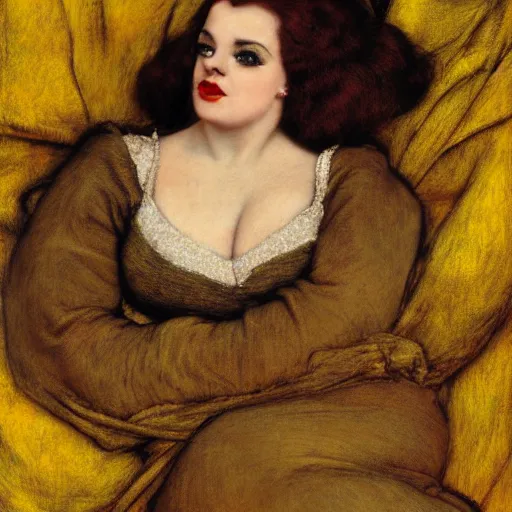 Prompt: hybrid of judy garland and lady gaga, brown fringe, large beautiful features, huge downslanted eyes, large full lips, reclining on flowing bed cool stylish, yellow ochre ornate medieval dress, john william waterhouse, kilian eng, rosetti, john everett millais, william holman hunt, william morris, 4 k