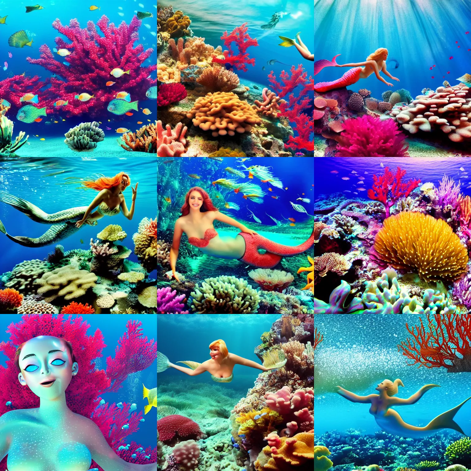 Prompt: beautiful mermaid swimming underwater coral reef, 4k,