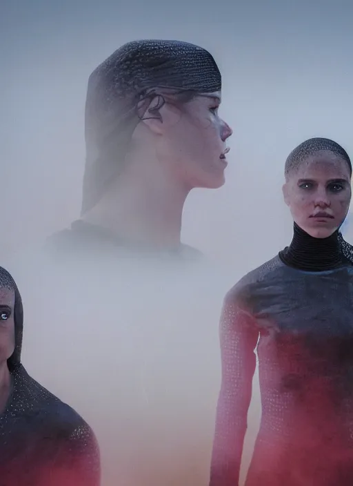 Prompt: cinestill 5 0 d photographic portrait by steve mccurry of two loving female androids wearing rugged black mesh techwear in a brutalist compound with a red sky, extreme closeup, cyberpunk style, dust storm, 8 k, hd, high resolution, 3 5 mm, f / 3 2, ultra realistic faces, ex machina