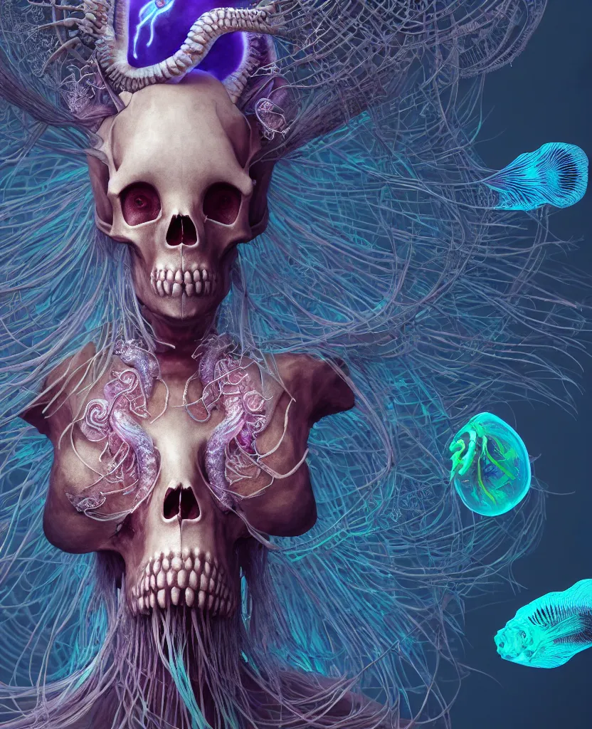 Image similar to goddess close-up portrait ram skull, thorax, x-ray, backbone, jellyfish phoenix head, nautilus, orchid, skull, betta fish, bioluminiscent creatures, intricate artwork by Tooth Wu and wlop and beeple. octane render, trending on artstation, greg rutkowski very coherent symmetrical artwork. cinematic, hyper realism, high detail, octane render, 8k