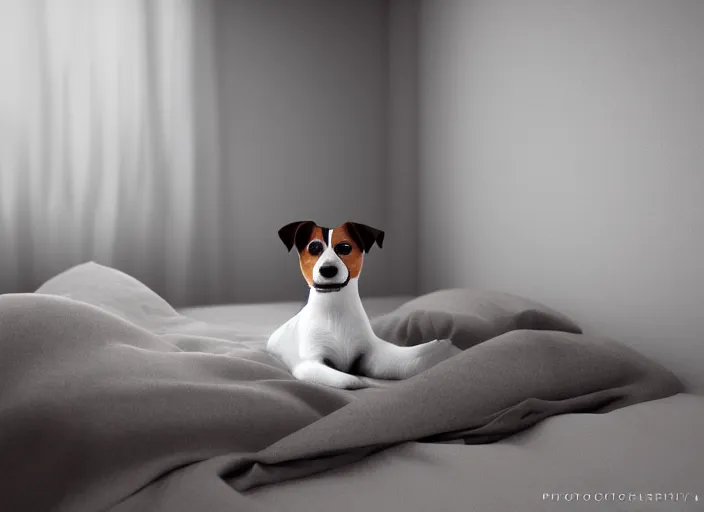 Image similar to photography of a Jack Russel . watching outside the window. on a bed. in a white room. octane render,volumetric light, volumetric fog, photorealistic,, award winning photo, 100mm, sharp, cloth, high res