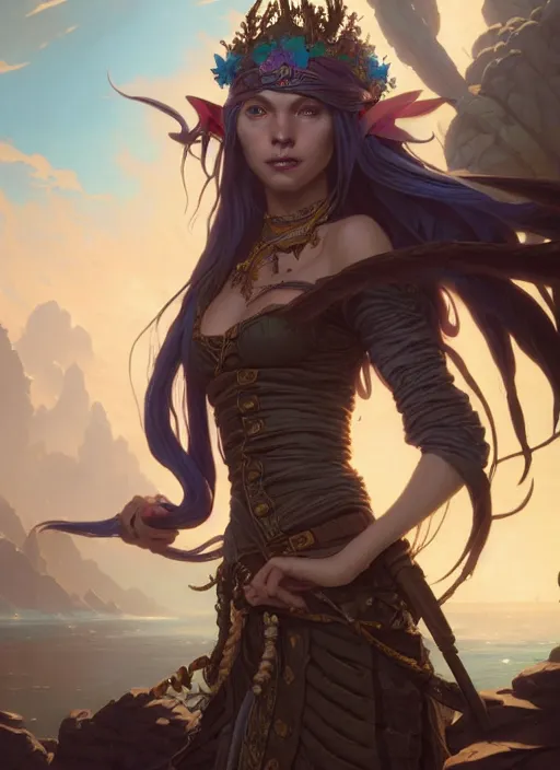 Prompt: highly detailed portrait of a elf woman pirate with long hair, stephen bliss, unreal engine, fantasy art by greg rutkowski, loish, rhads, ferdinand knab, makoto shinkai and lois van baarle, ilya kuvshinov, rossdraws, tom bagshaw, alphonse mucha, global illumination, radiant light, detailed and intricate environment