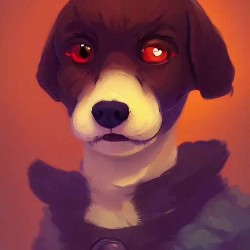 Image similar to portrait of an anthropomorphic puppy knight, puppy face, dark blue fur, angry look, ready for battle, mattepainting concept blizzard pixar maya engine on cold night stylized background splash comics global illumination lighting artstation lois van baarle, ilya kuvshinov, rossdraws