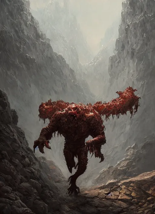 Image similar to a friendly monster in the mountains of hell, oil painting by tomasz jedruszek and greg rutkowski, cinematic lighting, pen and ink, intricate line, hd, 4 k, million of likes, trending on artstation