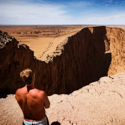 Prompt: A man stands at the edge of a cliff, looking out over a vast and empty desert, the sun beating down on him mercilessly, as he contemplates the long and arduous journey ahead.