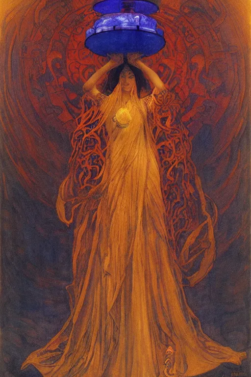 Prompt: queen of the underworld with her lantern by Annie Swynnerton and Nicholas Roerich and jean delville, strong dramatic cinematic lighting , ornate headdress , flowing robes, lost civilizations, smooth, sharp focus, extremely detailed